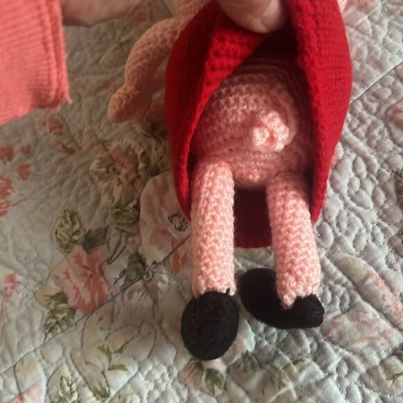 Crocheted Pig Plush Toy in Red Dress - Picture 3 of 3